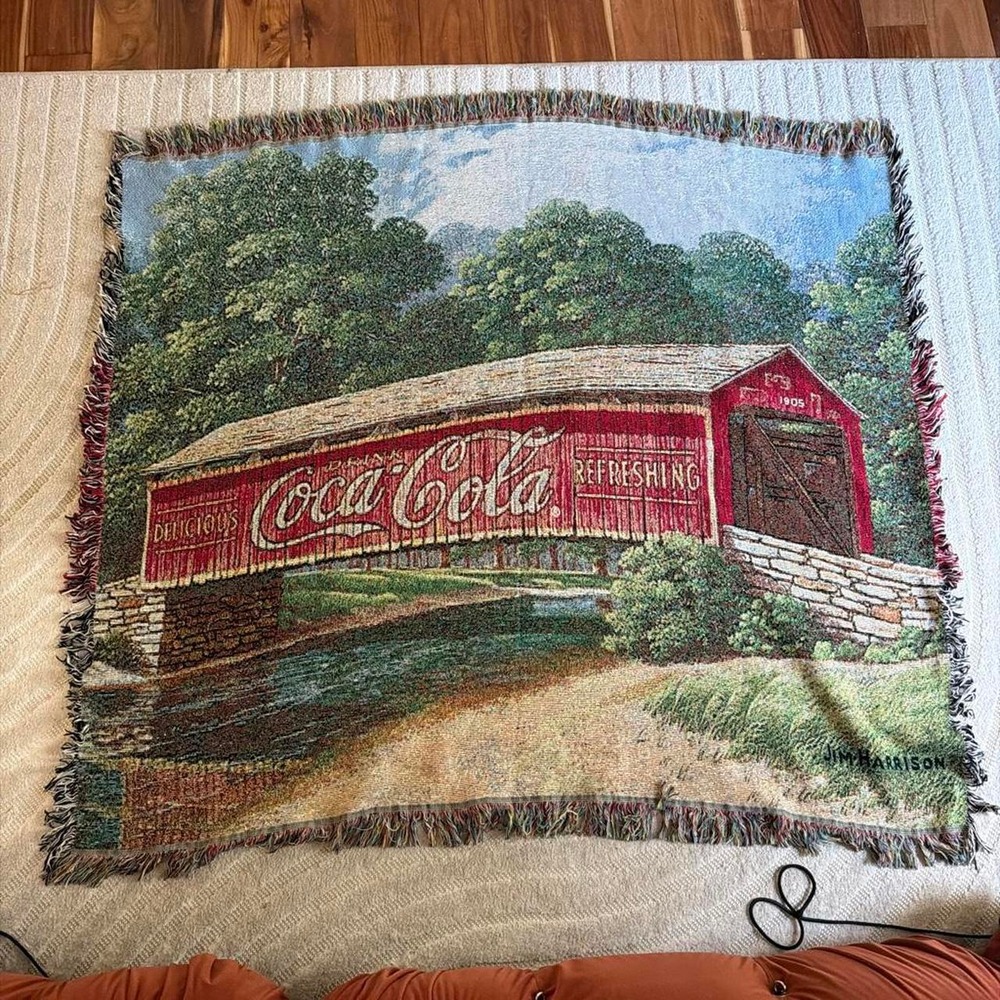 VTG Coca-Cola "1905 Summer Bridge" woven tapestry throw blanket Jim Harrison